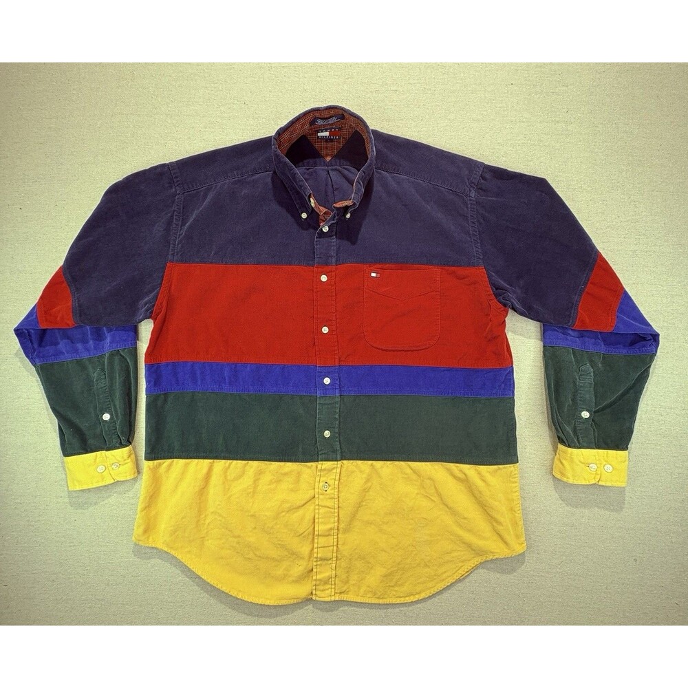 Tommy Hilfiger Vintage Colorblock Corduroy Shirt Mens XL Multi Color Long Sleeve